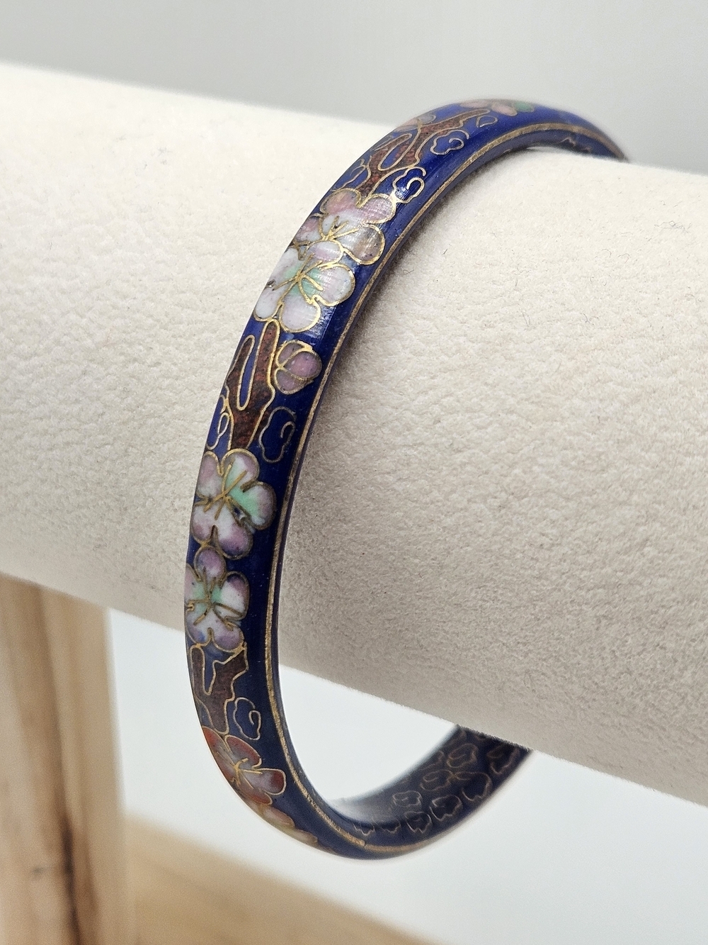 VINTAGE Blue Floral Cloisonne Double Sided Bangle Bracelet